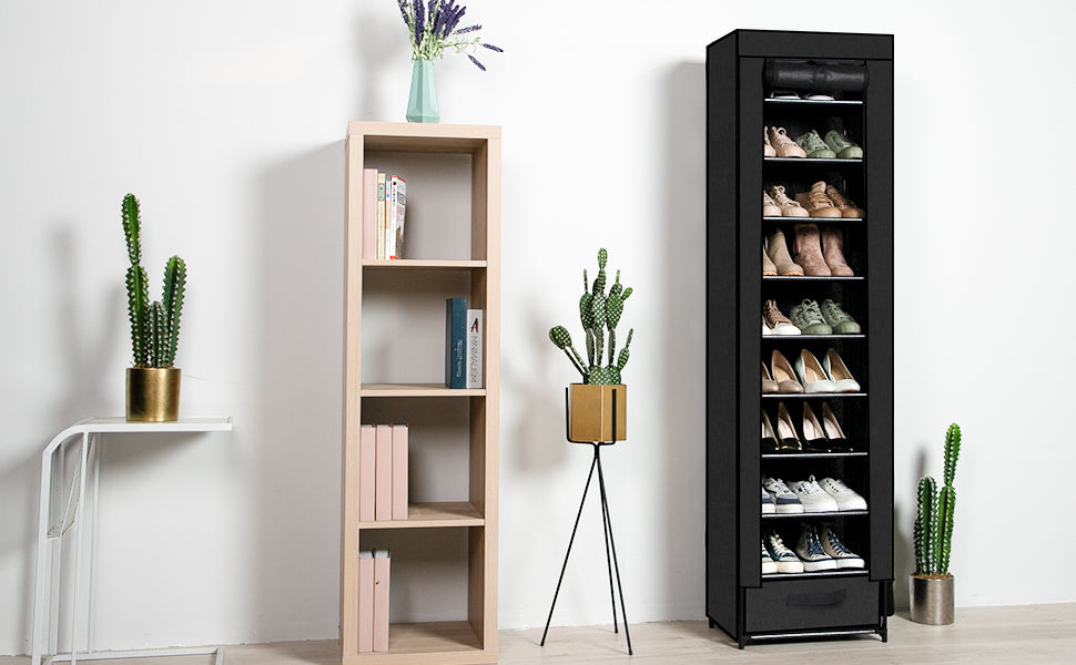 OYREL Narrow Shoe Rack 10 Tier Tall with Storage Box,Fabric Covered Metal Shoe Rack Organizer for Closets ,17.7"L 11.8"W 68.9"H