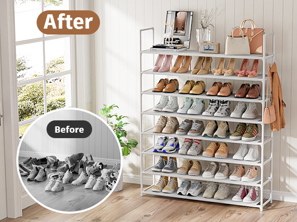 OYREL Shoe Rack 8 Tier 32-40 Pairs Shoes, Shoe Storage Organizer Large with Side Bag Space Saving for Closet, Entryway, Garage, Bedroom Non-Woven Shoe Rack Shelf White