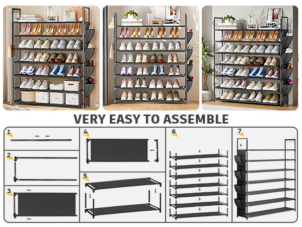 OYREL Shoe Rack 7 Tier 28-35 Pairs Shoes, Shoe Storage Organizer Large with Side Bag Space Saving for Closet, Entryway, Garage, Bedroom Non-Woven Shoe Rack Shelf Black