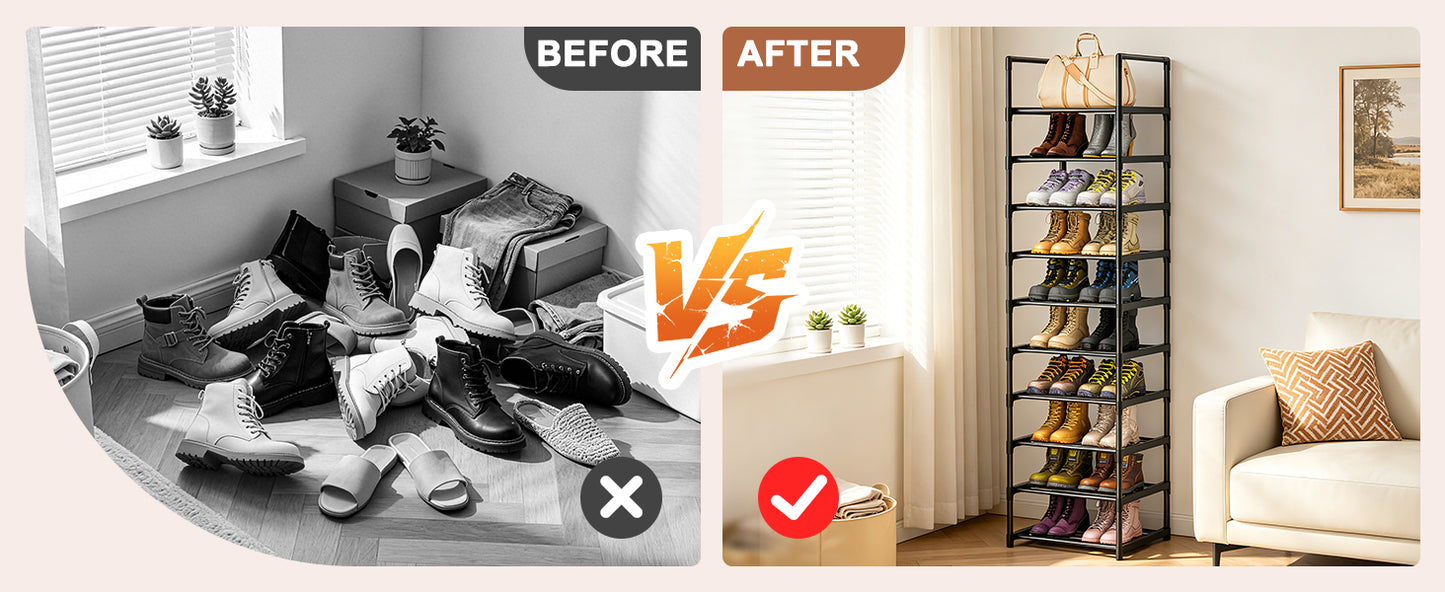 OYREL Shoe Rack, Upgrade Plus Narrow Shoes Storage Organizer, Any Shoes & Boots, Sturdy Metal 10 Tier Tall Organizers Shelf for Closets, Entryway, Stackable Free Standing Racks, Small Space, Bedroom