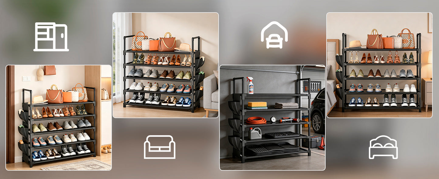 OYREL Schuhregal 5 Ebenen, Große Kapazität Shoe Rack Schuhablage mit Seitentasche für 20-25 Paar Schuhe, Stark Schuhaufbewahrung für Schrank, Flur, Closet, Draußen, 85cm Breit Shoe Storage Schwarz