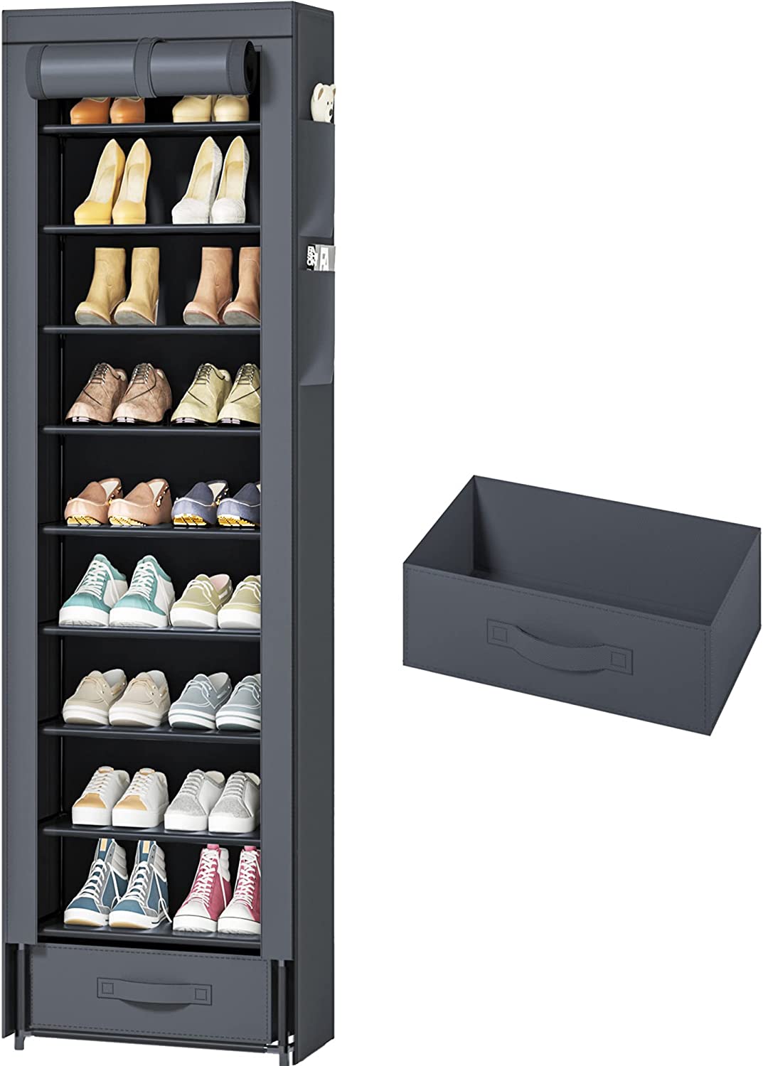 OYREL Shoes Rack 10 Tier Tall Narrow Shoe Rack with Bin Covered Shoe Shelf Storage Organizer Closet Stackable Shoe Stand