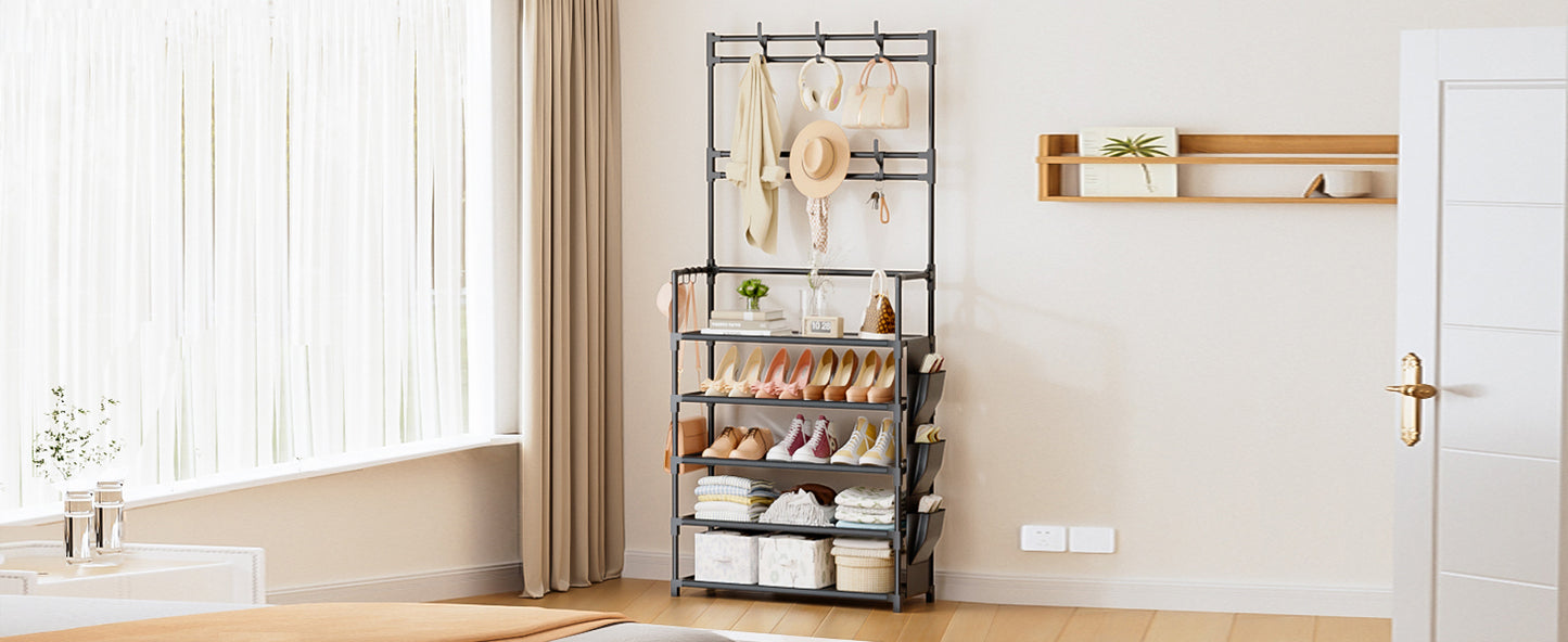 Shoe Rack 5 Tier Shoe Organizer Storage 15-20 Pairs Shoes Rack for Closet Entrance Shoe Rack Organizer with Hooks and Side Pocket Entryway Shoe Holder Space Saving Free Standing Shoe Racks