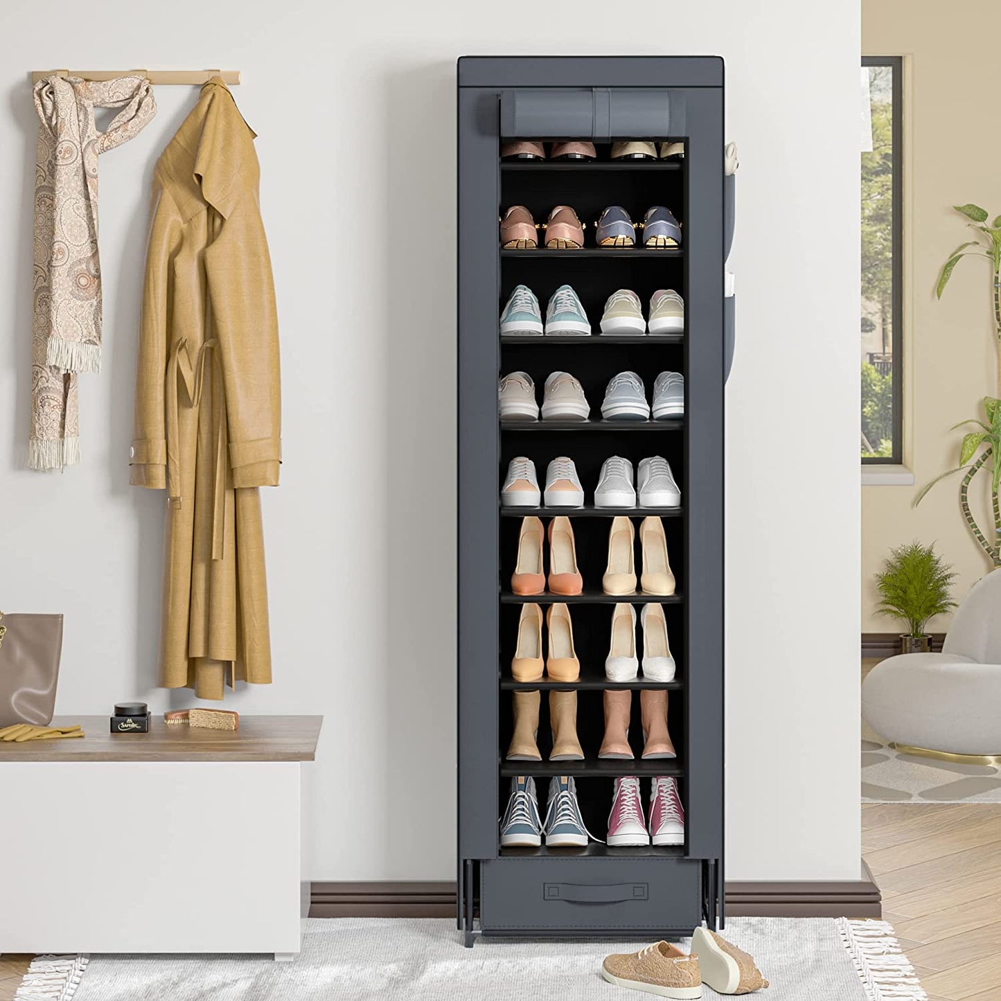 OYREL Shoes Rack 10 Tier Tall Narrow Shoe Rack with Bin Covered Shoe Shelf Storage Organizer Closet Stackable Shoe Stand