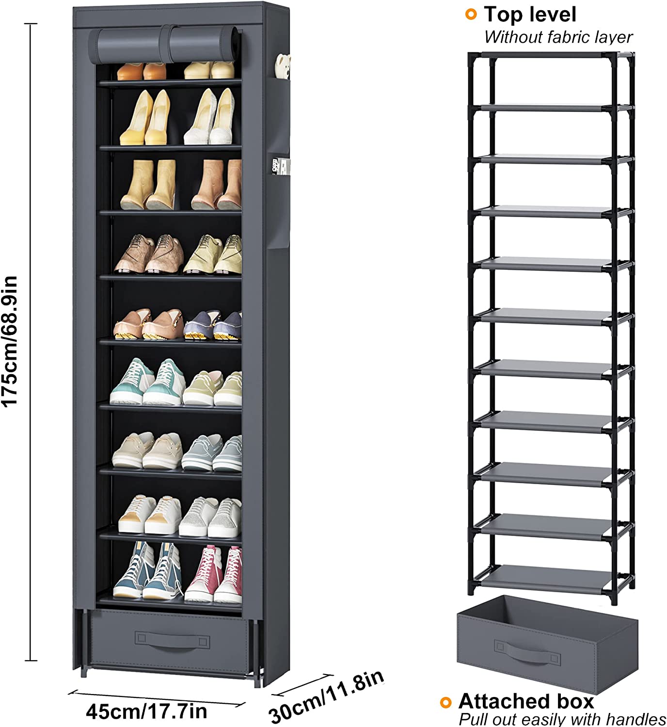 OYREL Shoes Rack 10 Tier Tall Narrow Shoe Rack with Bin Covered Shoe Shelf Storage Organizer Closet Stackable Shoe Stand