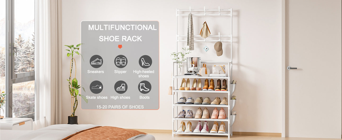 Shoe Rack 5 Tier Shoe Organizer Storage 15-20 Pairs Shoes Rack for Closet Entrance Shoe Rack Organizer with Hooks and Side Pocket Entryway Shoe Holder Space Saving Free Standing Shoe Racks