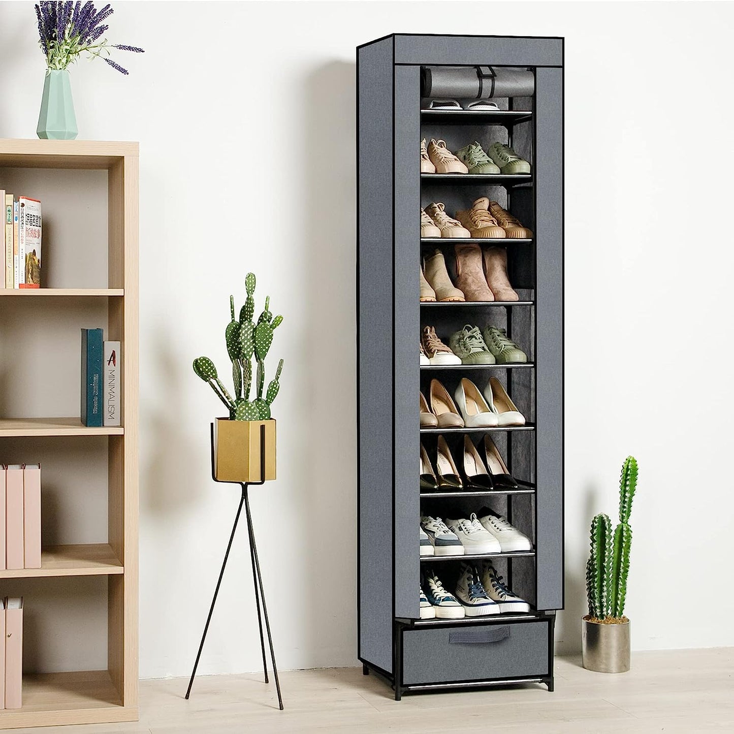 OYREL Shoes Rack 10 Tier Tall Narrow Shoe Rack with Bin Covered Shoe Shelf Storage Organizer Closet Stackable Shoe Stand