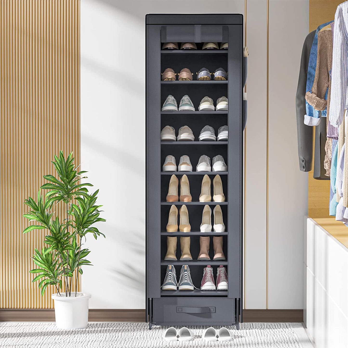 OYREL Shoes Rack 10 Tier Tall Narrow Shoe Rack with Bin Covered Shoe Shelf Storage Organizer Closet Stackable Shoe Stand