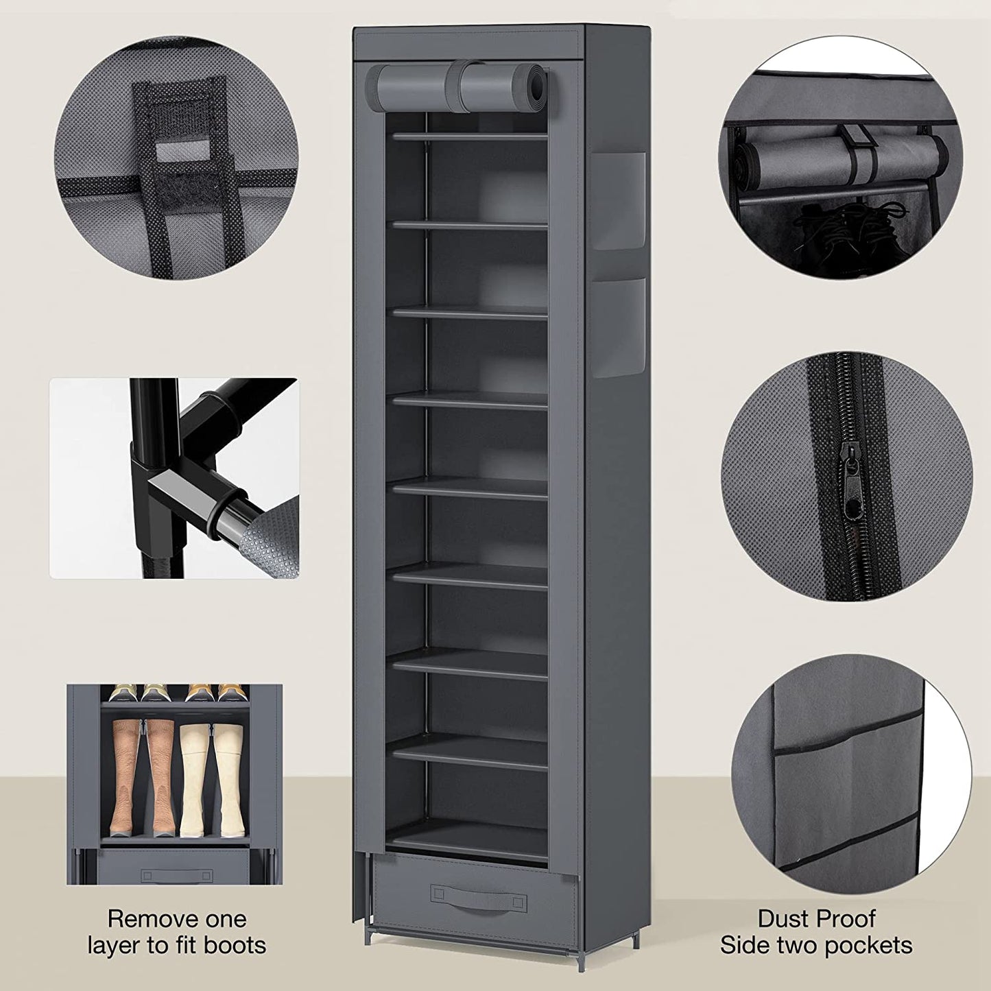 OYREL Shoes Rack 10 Tier Tall Narrow Shoe Rack with Bin Covered Shoe Shelf Storage Organizer Closet Stackable Shoe Stand