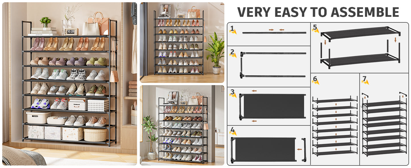 8 Tier Shoe Organizer, 33.3in Wide x 11.2in Deep x 55.7in Tall, Black Metal and Plastic Shoe Rack, Holds up to 32-40 Pairs of Shoes