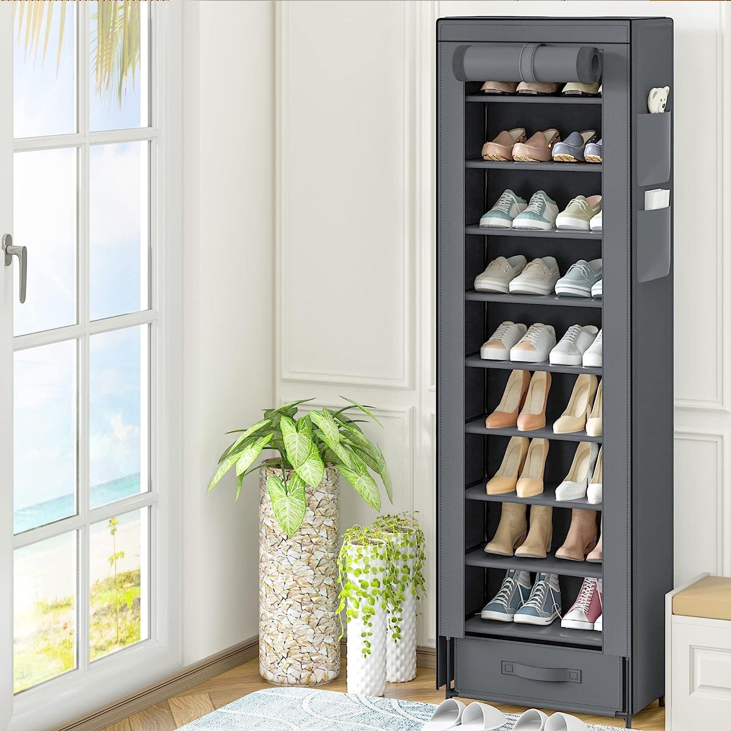 OYREL Shoes Rack 10 Tier Tall Narrow Shoe Rack with Bin Covered Shoe Shelf Storage Organizer Closet Stackable Shoe Stand