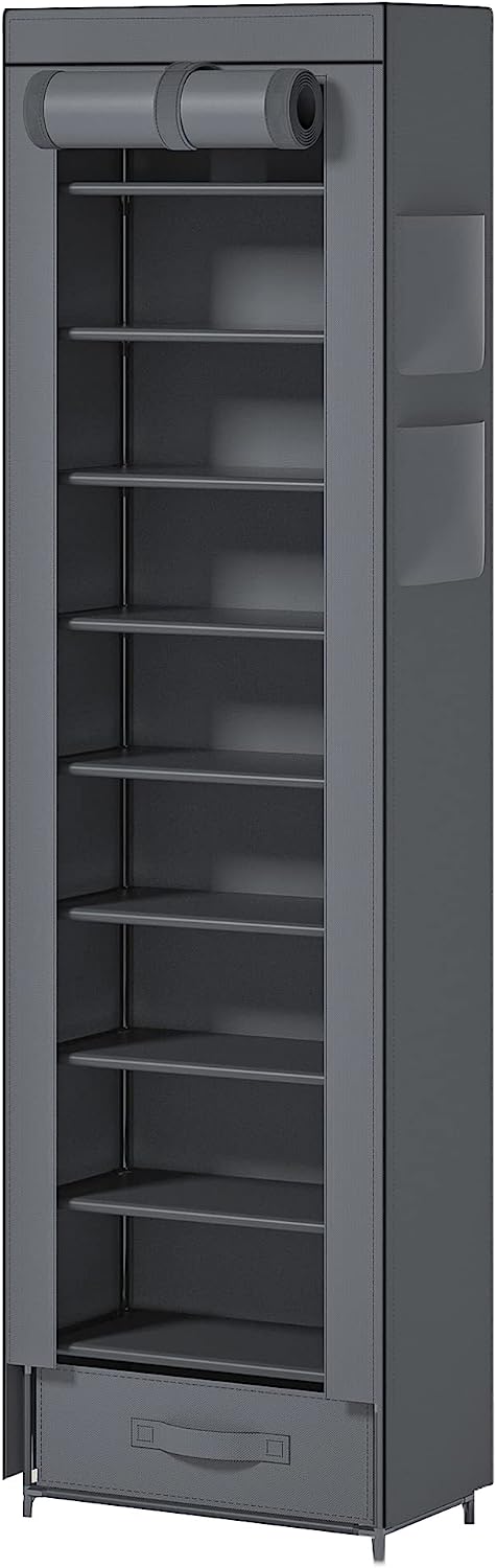 OYREL Shoes Rack 10 Tier Tall Narrow Shoe Rack with Bin Covered Shoe Shelf Storage Organizer Closet Stackable Shoe Stand
