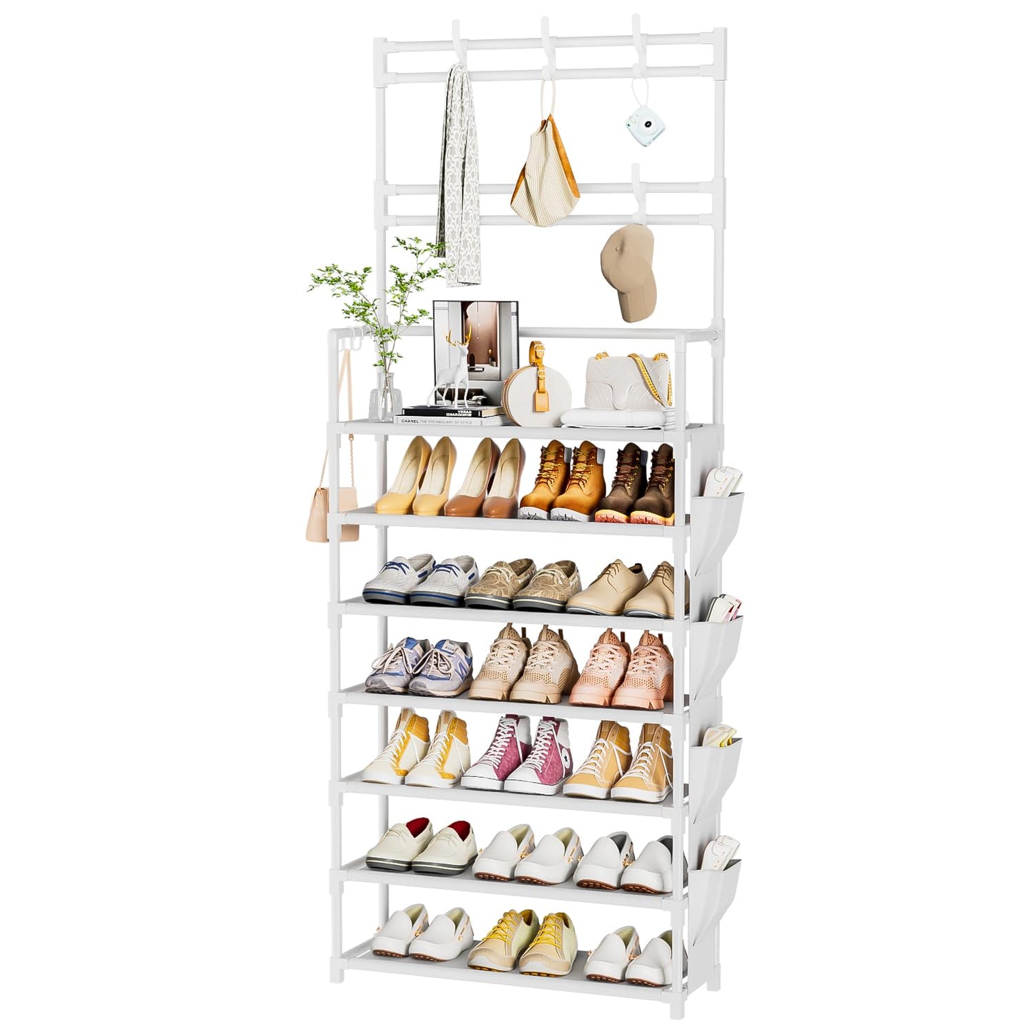 Shoe Rack 7 Tier Shoe Organizer Storage 21-28 Pairs Closet Shoes Rack for Front Door Entrance Shoe Rack Organizer with Hooks Side Pocket Entryway Large Capacity Shoe Shelf Tower Garage
