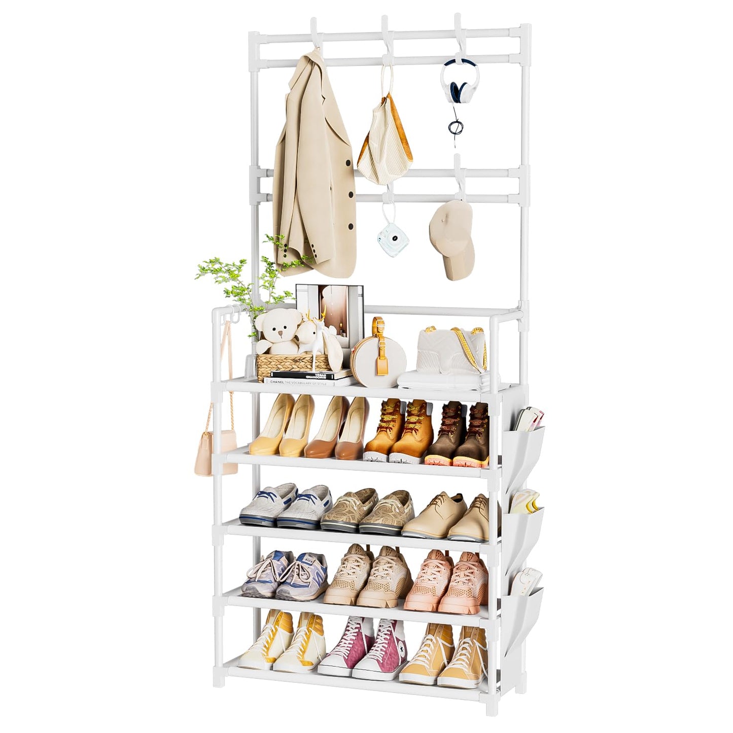 Shoe Rack 5 Tier Shoe Organizer Storage 15-20 Pairs Shoes Rack for Closet Entrance Shoe Rack Organizer with Hooks and Side Pocket Entryway Shoe Holder Space Saving Free Standing Shoe Racks