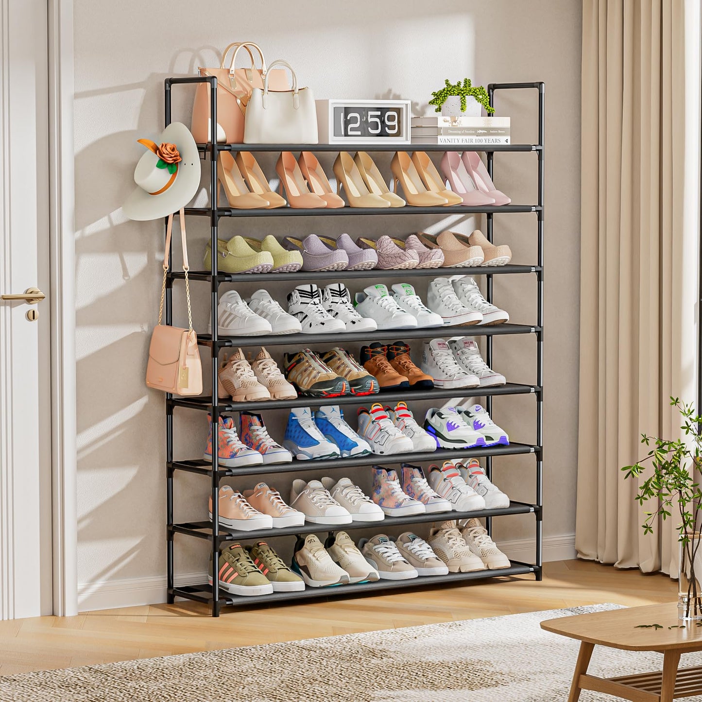 8 Tier Shoe Organizer, 33.3in Wide x 11.2in Deep x 55.7in Tall, Black Metal and Plastic Shoe Rack, Holds up to 32-40 Pairs of Shoes