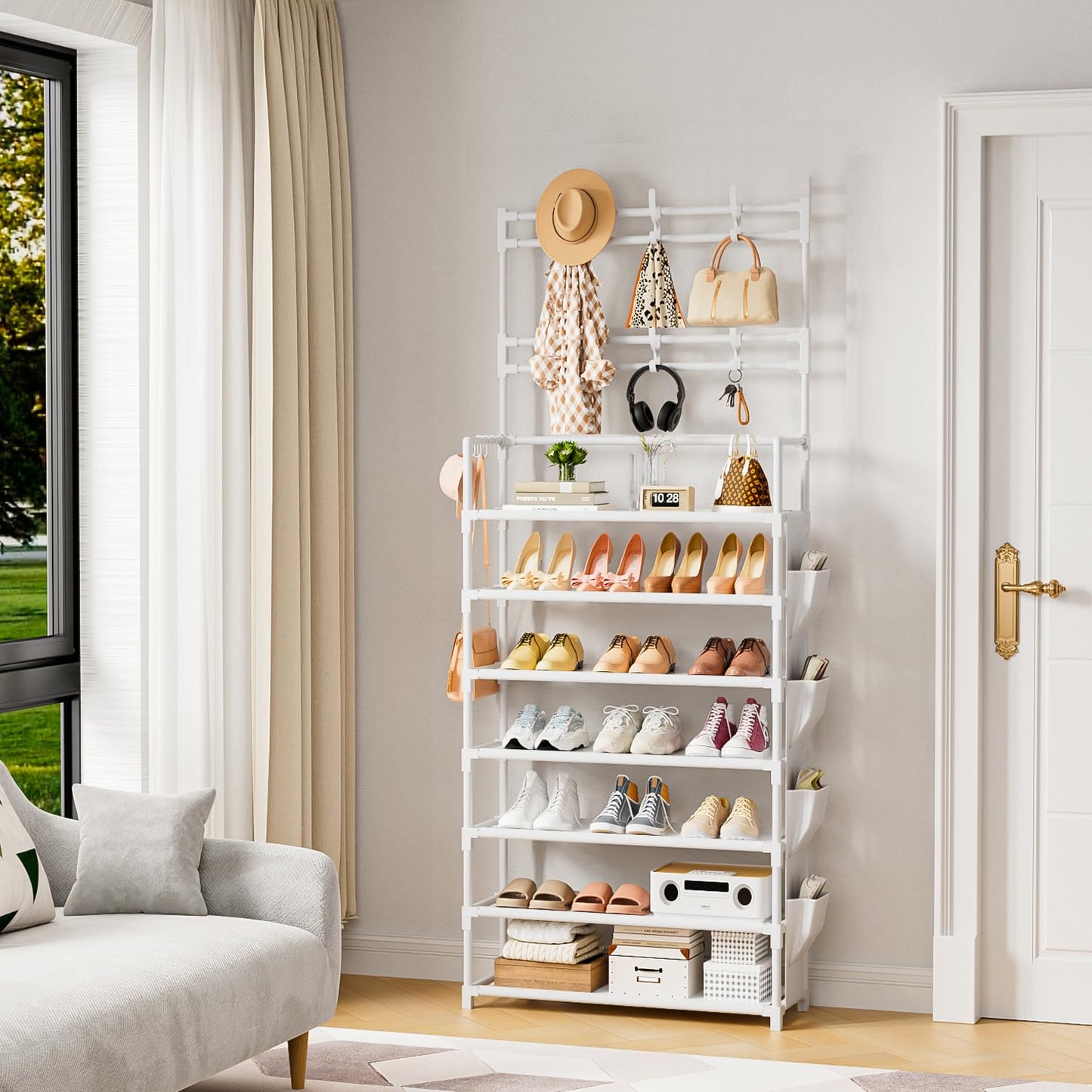 Shoe Rack 7 Tier Shoe Organizer Storage 21-28 Pairs Closet Shoes Rack for Front Door Entrance Shoe Rack Organizer with Hooks Side Pocket Entryway Large Capacity Shoe Shelf Tower Garage