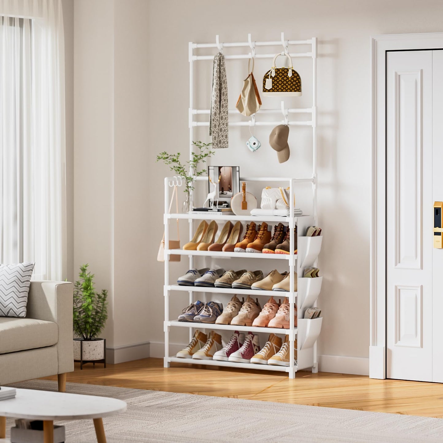 Shoe Rack 5 Tier Shoe Organizer Storage 15-20 Pairs Shoes Rack for Closet Entrance Shoe Rack Organizer with Hooks and Side Pocket Entryway Shoe Holder Space Saving Free Standing Shoe Racks