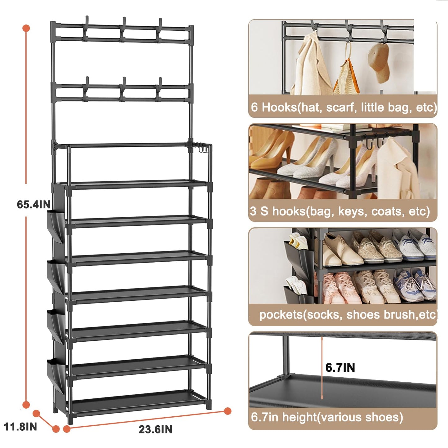 Shoe Rack 7 Tier Shoe Organizer Storage 21-28 Pairs Closet Shoes Rack for Front Door Entrance Shoe Rack Organizer with Hooks Side Pocket Entryway Large Capacity Shoe Shelf Tower Garage