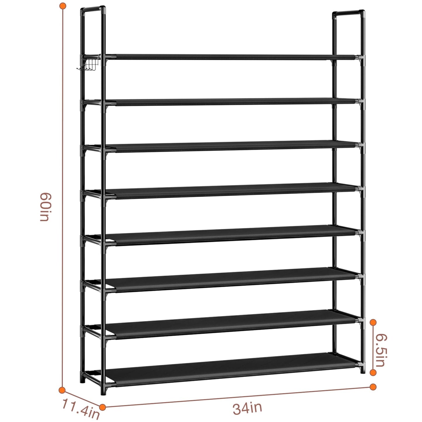 8 Tier Shoe Organizer, 33.3in Wide x 11.2in Deep x 55.7in Tall, Black Metal and Plastic Shoe Rack, Holds up to 32-40 Pairs of Shoes
