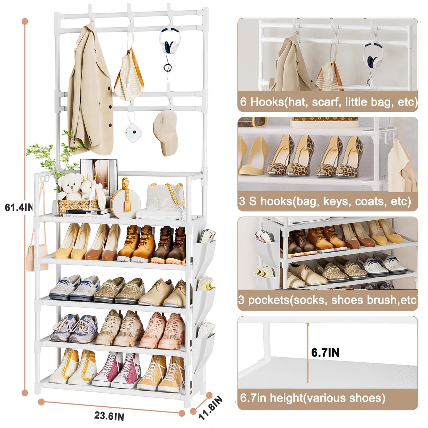 Shoe Rack 5 Tier Shoe Organizer Storage 15-20 Pairs Shoes Rack for Closet Entrance Shoe Rack Organizer with Hooks and Side Pocket Entryway Shoe Holder Space Saving Free Standing Shoe Racks