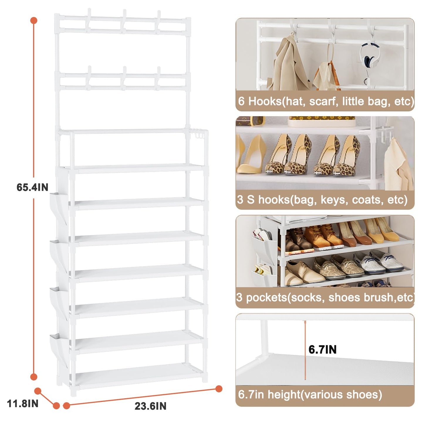Shoe Rack 7 Tier Shoe Organizer Storage 21-28 Pairs Closet Shoes Rack for Front Door Entrance Shoe Rack Organizer with Hooks Side Pocket Entryway Large Capacity Shoe Shelf Tower Garage
