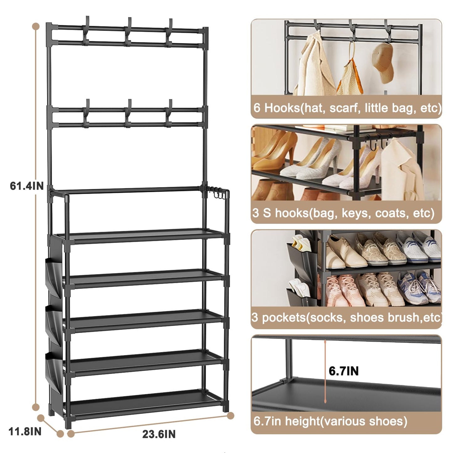 Shoe Rack 5 Tier Shoe Organizer Storage 15-20 Pairs Shoes Rack for Closet Entrance Shoe Rack Organizer with Hooks and Side Pocket Entryway Shoe Holder Space Saving Free Standing Shoe Racks