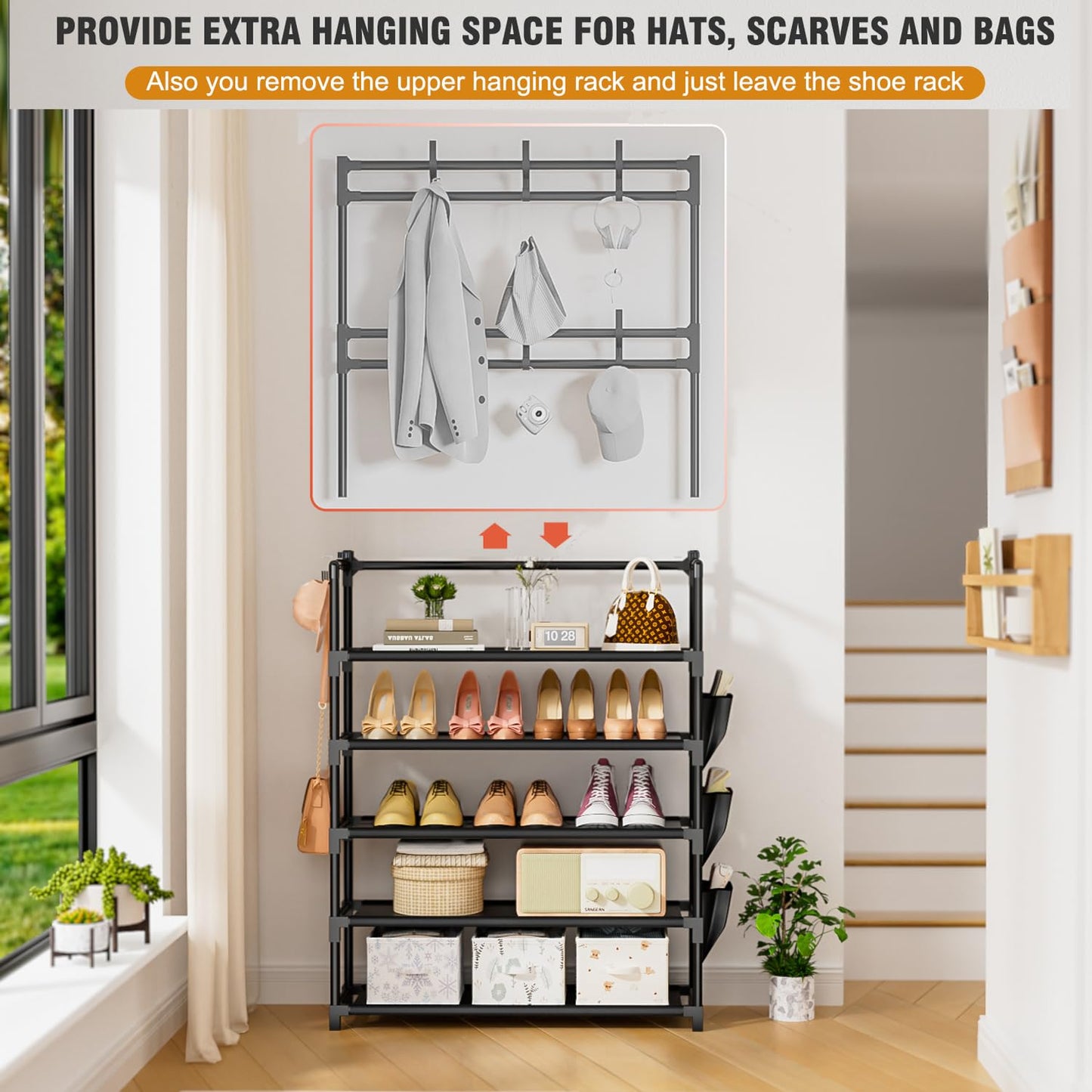 Shoe Rack 5 Tier Shoe Organizer Storage 15-20 Pairs Shoes Rack for Closet Entrance Shoe Rack Organizer with Hooks and Side Pocket Entryway Shoe Holder Space Saving Free Standing Shoe Racks