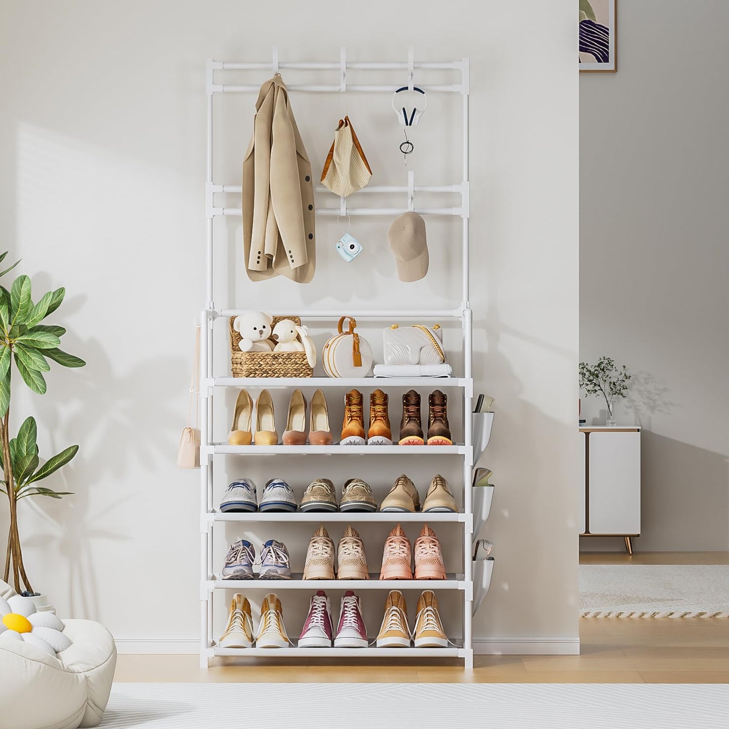 Shoe Rack 5 Tier Shoe Organizer Storage 15-20 Pairs Shoes Rack for Closet Entrance Shoe Rack Organizer with Hooks and Side Pocket Entryway Shoe Holder Space Saving Free Standing Shoe Racks