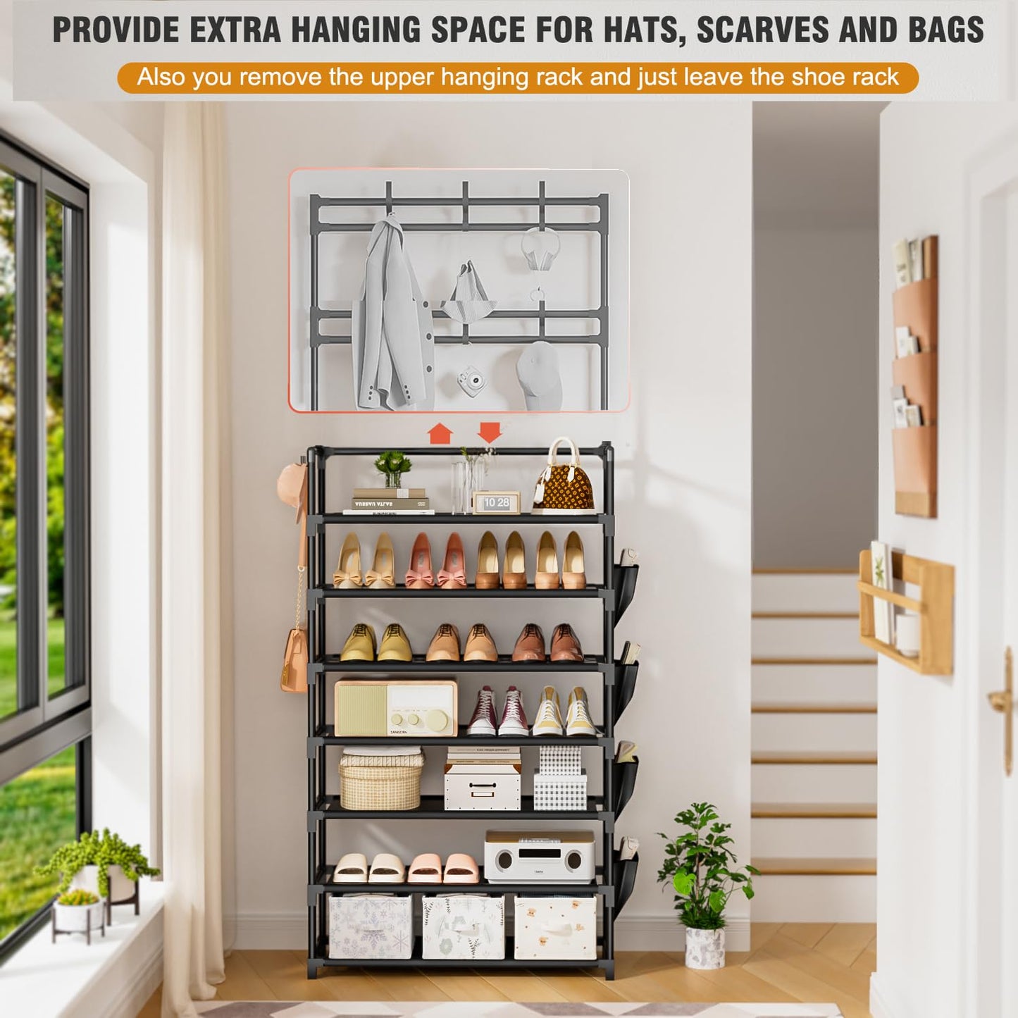 Shoe Rack 7 Tier Shoe Organizer Storage 21-28 Pairs Closet Shoes Rack for Front Door Entrance Shoe Rack Organizer with Hooks Side Pocket Entryway Large Capacity Shoe Shelf Tower Garage