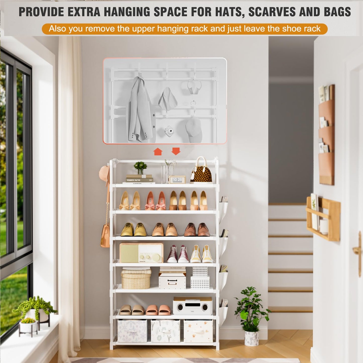 Shoe Rack 7 Tier Shoe Organizer Storage 21-28 Pairs Closet Shoes Rack for Front Door Entrance Shoe Rack Organizer with Hooks Side Pocket Entryway Large Capacity Shoe Shelf Tower Garage