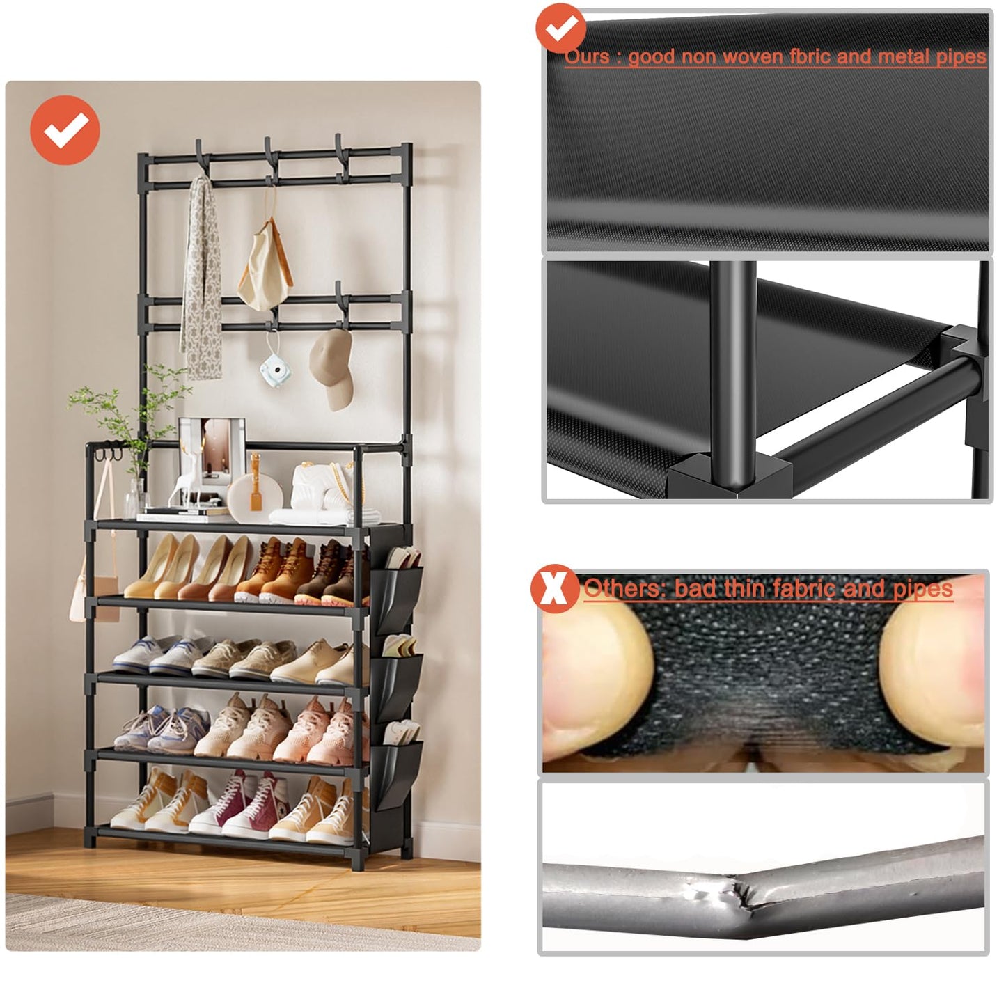 Shoe Rack 5 Tier Shoe Organizer Storage 15-20 Pairs Shoes Rack for Closet Entrance Shoe Rack Organizer with Hooks and Side Pocket Entryway Shoe Holder Space Saving Free Standing Shoe Racks
