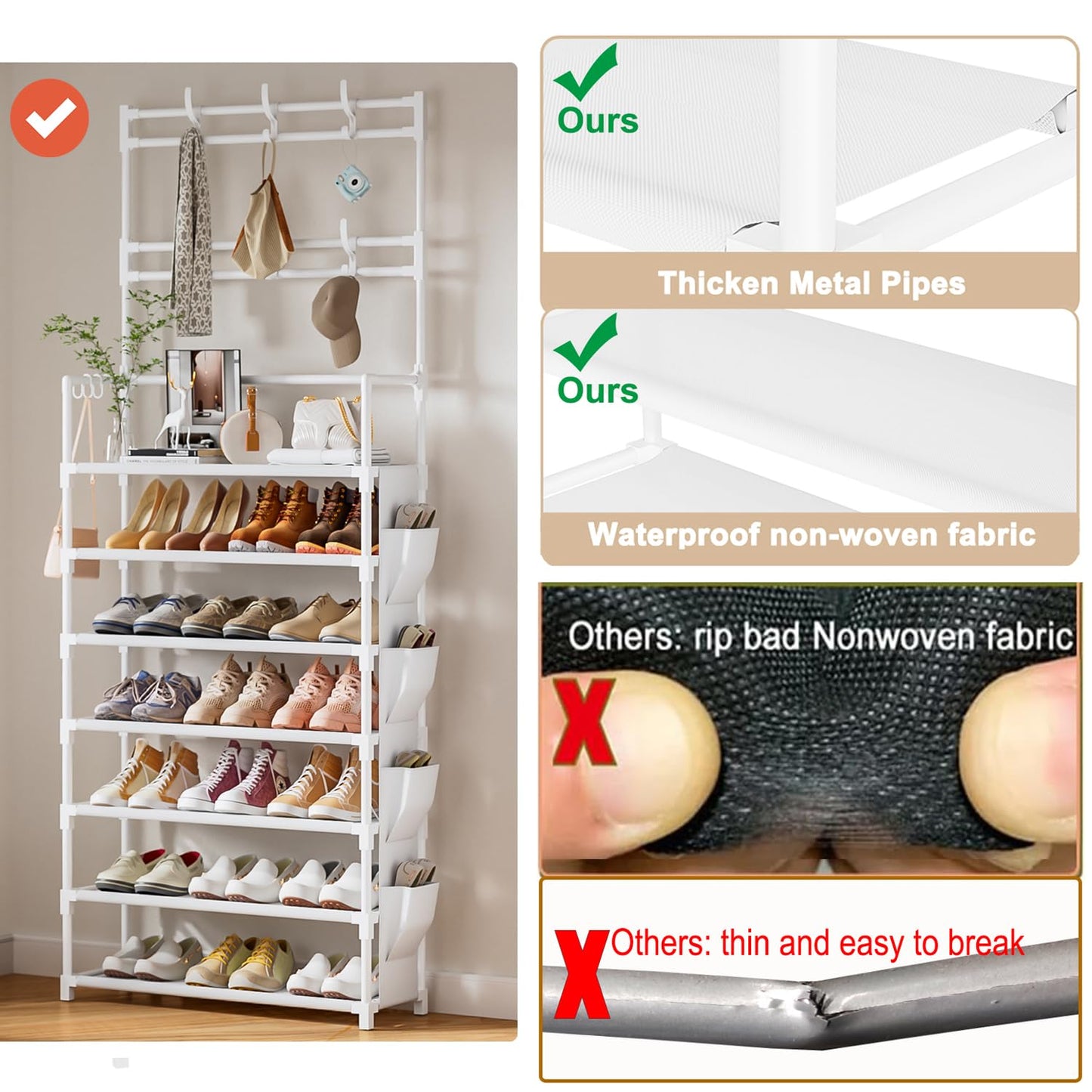 Shoe Rack 7 Tier Shoe Organizer Storage 21-28 Pairs Closet Shoes Rack for Front Door Entrance Shoe Rack Organizer with Hooks Side Pocket Entryway Large Capacity Shoe Shelf Tower Garage