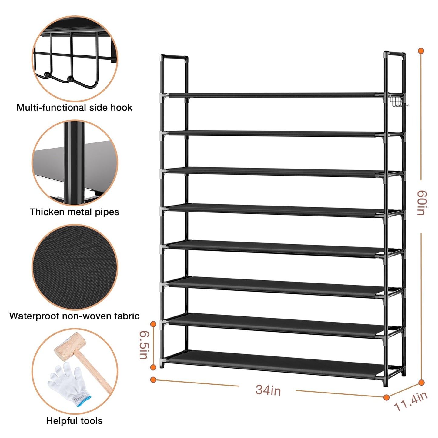 8 Tier Shoe Organizer, 33.3in Wide x 11.2in Deep x 55.7in Tall, Black Metal and Plastic Shoe Rack, Holds up to 32-40 Pairs of Shoes