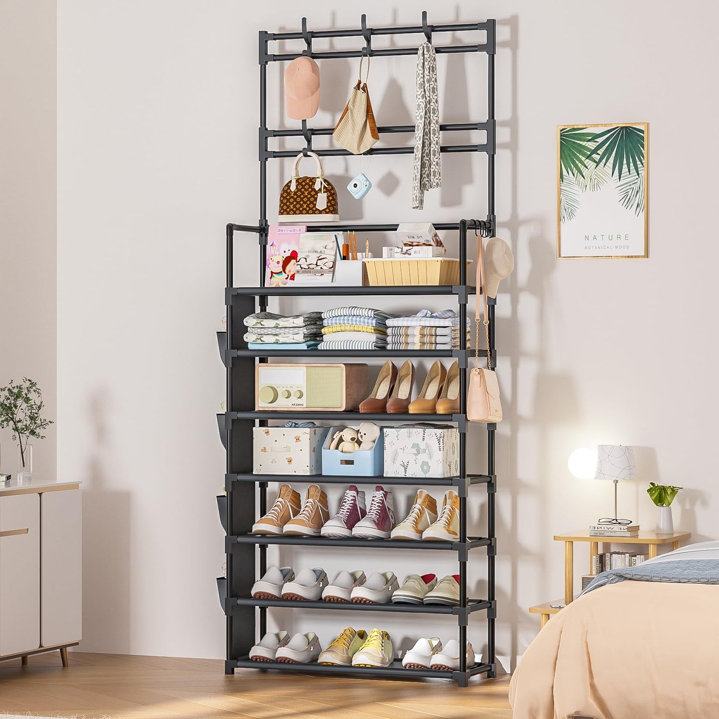 Shoe Rack 7 Tier Shoe Organizer Storage 21-28 Pairs Closet Shoes Rack for Front Door Entrance Shoe Rack Organizer with Hooks Side Pocket Entryway Large Capacity Shoe Shelf Tower Garage