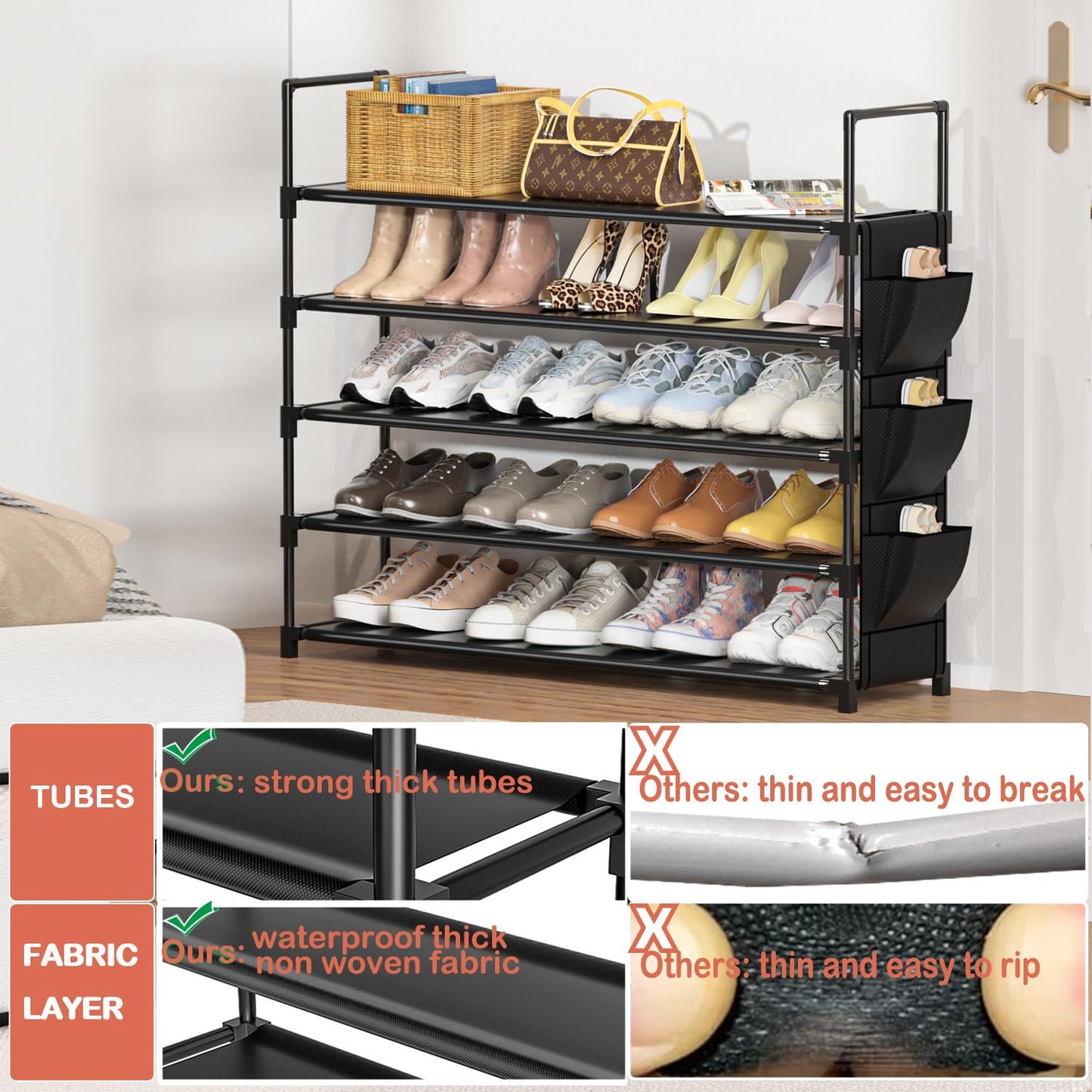 OYREL Shoe Rack 5 Tier Shoe Organizer Shoe Storage 20-25 Pairs Shoe Rack for Closet Shoe Rack Organizer Entryway Shoe Holder Space Saving Shoe Shelf Shoe Stand Large Tall Shoe Tower Garage Door