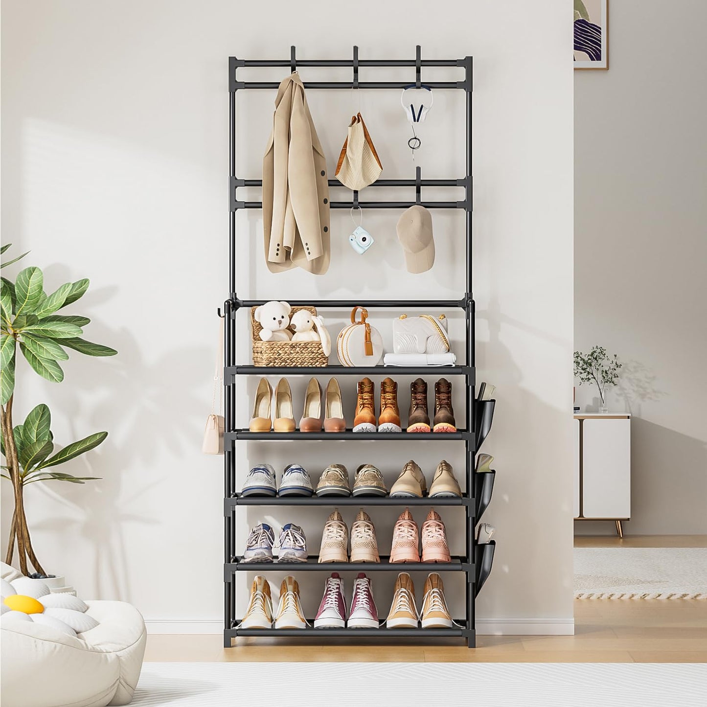 Shoe Rack 5 Tier Shoe Organizer Storage 15-20 Pairs Shoes Rack for Closet Entrance Shoe Rack Organizer with Hooks and Side Pocket Entryway Shoe Holder Space Saving Free Standing Shoe Racks