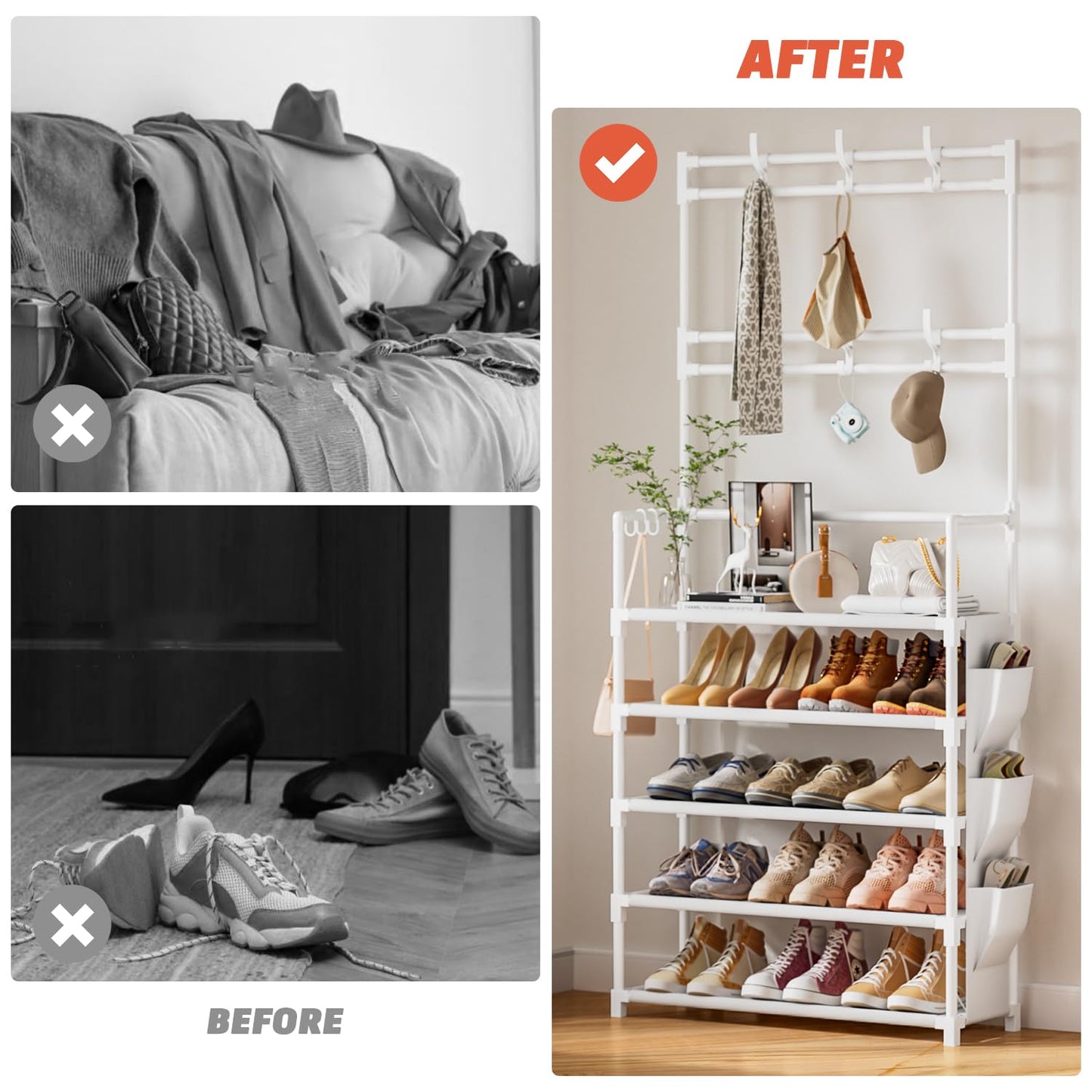 Shoe Rack 5 Tier Shoe Organizer Storage 15-20 Pairs Shoes Rack for Closet Entrance Shoe Rack Organizer with Hooks and Side Pocket Entryway Shoe Holder Space Saving Free Standing Shoe Racks