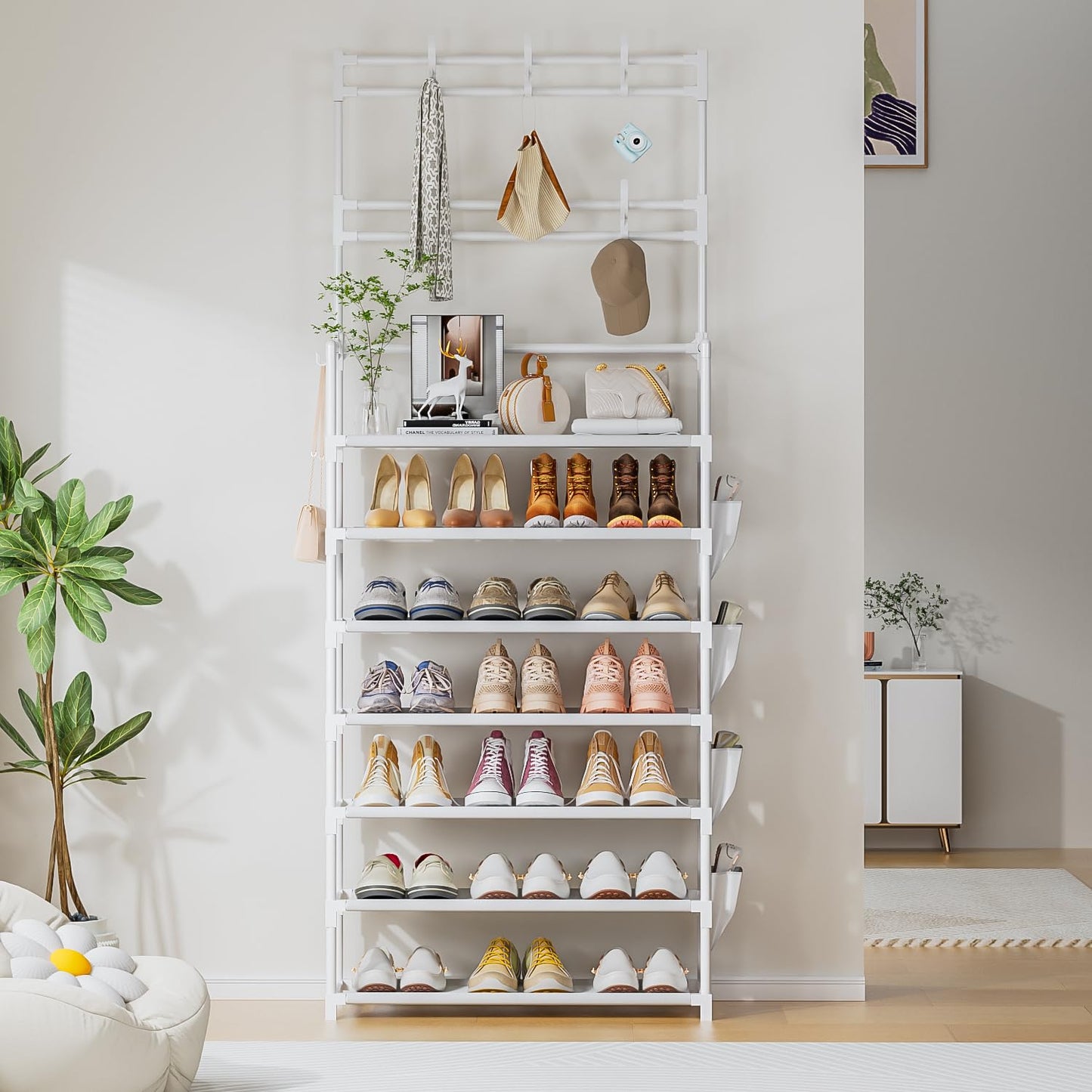Shoe Rack 7 Tier Shoe Organizer Storage 21-28 Pairs Closet Shoes Rack for Front Door Entrance Shoe Rack Organizer with Hooks Side Pocket Entryway Large Capacity Shoe Shelf Tower Garage