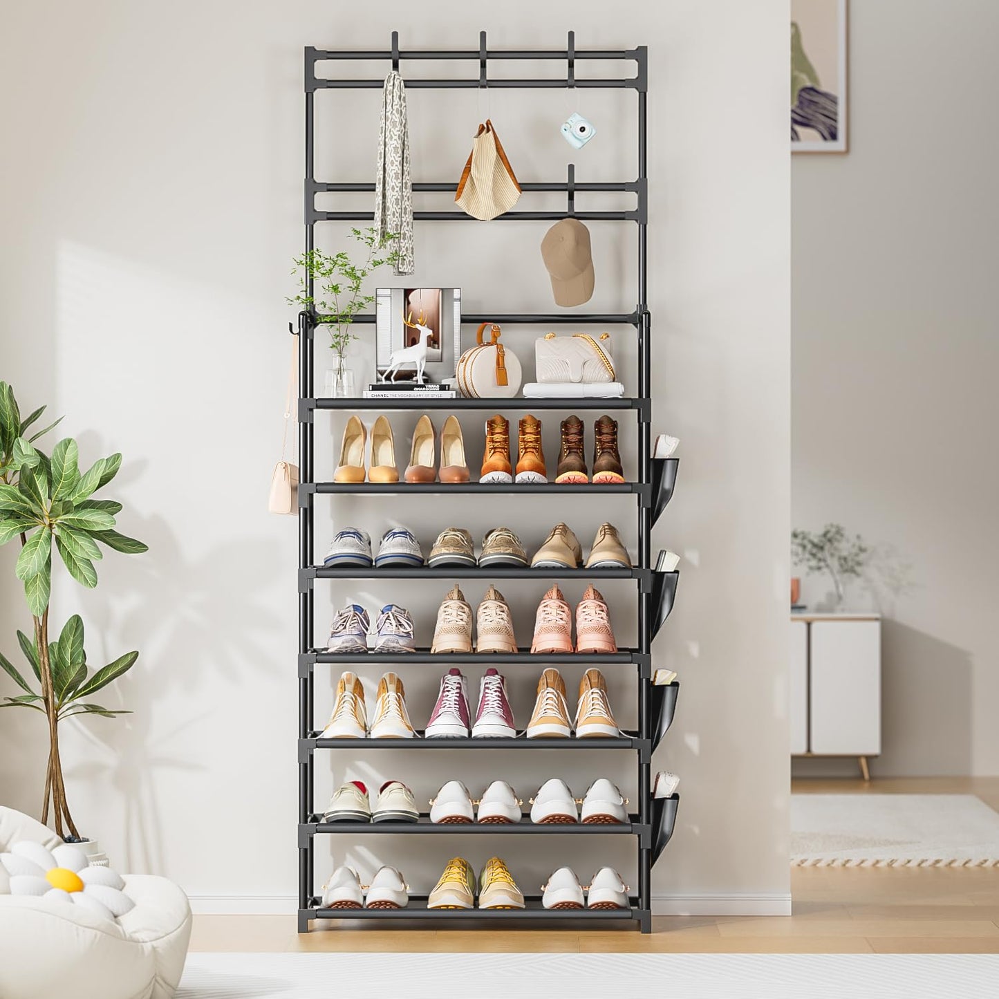 Shoe Rack 7 Tier Shoe Organizer Storage 21-28 Pairs Closet Shoes Rack for Front Door Entrance Shoe Rack Organizer with Hooks Side Pocket Entryway Large Capacity Shoe Shelf Tower Garage