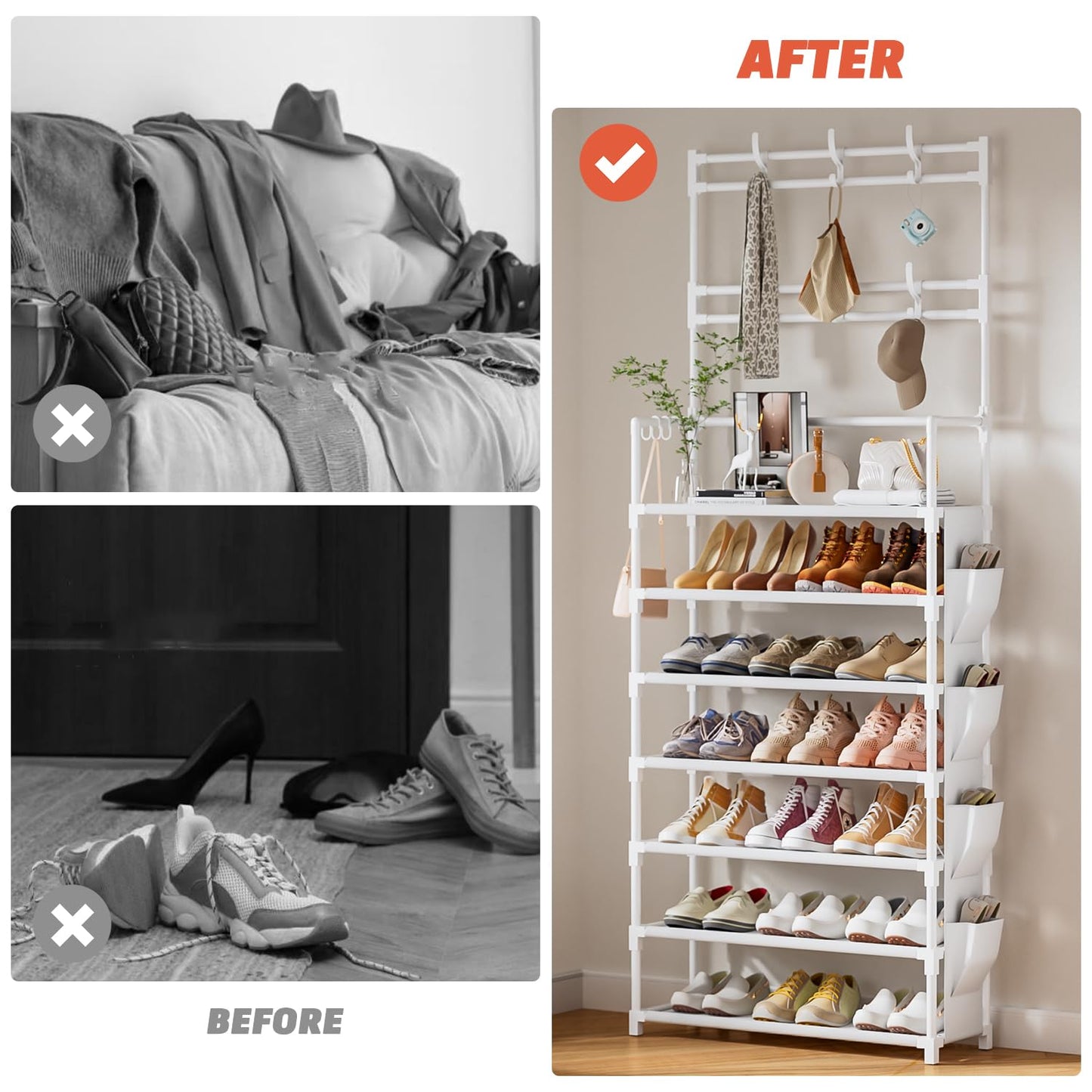 Shoe Rack 7 Tier Shoe Organizer Storage 21-28 Pairs Closet Shoes Rack for Front Door Entrance Shoe Rack Organizer with Hooks Side Pocket Entryway Large Capacity Shoe Shelf Tower Garage
