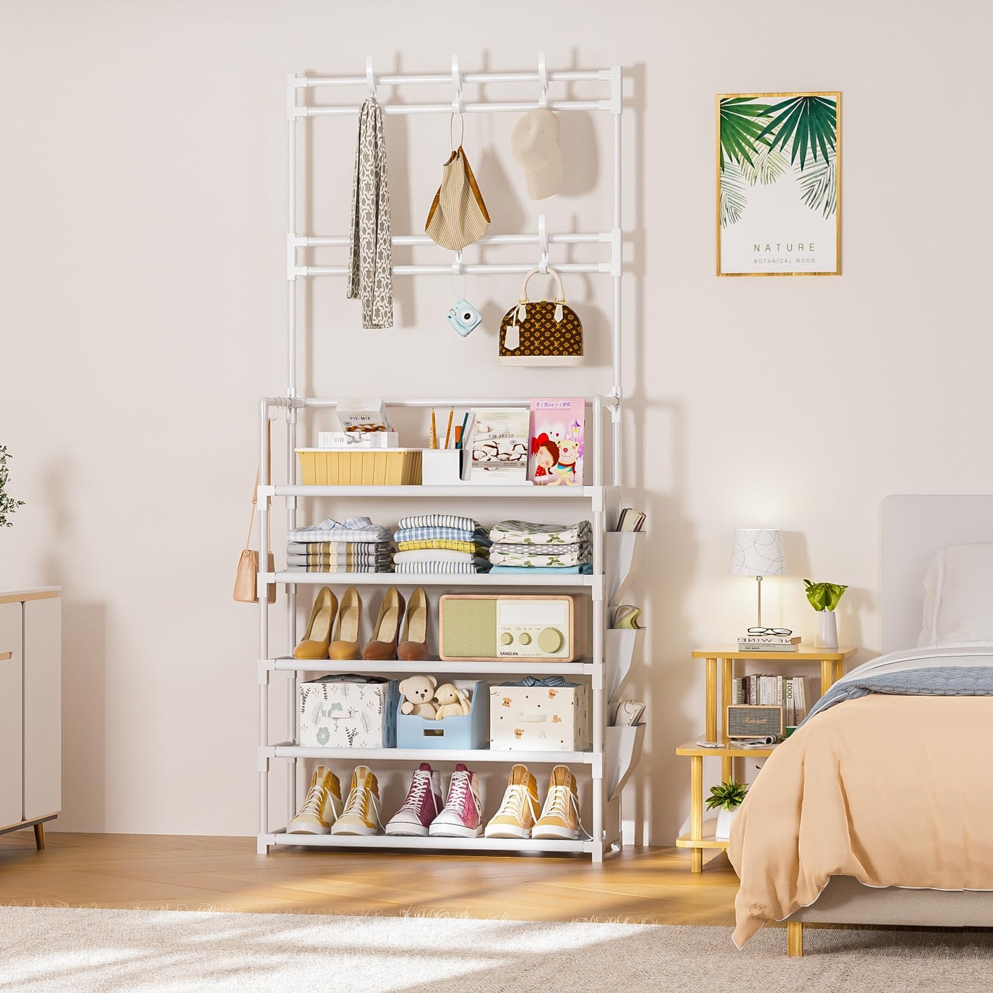 Shoe Rack 5 Tier Shoe Organizer Storage 15-20 Pairs Shoes Rack for Closet Entrance Shoe Rack Organizer with Hooks and Side Pocket Entryway Shoe Holder Space Saving Free Standing Shoe Racks
