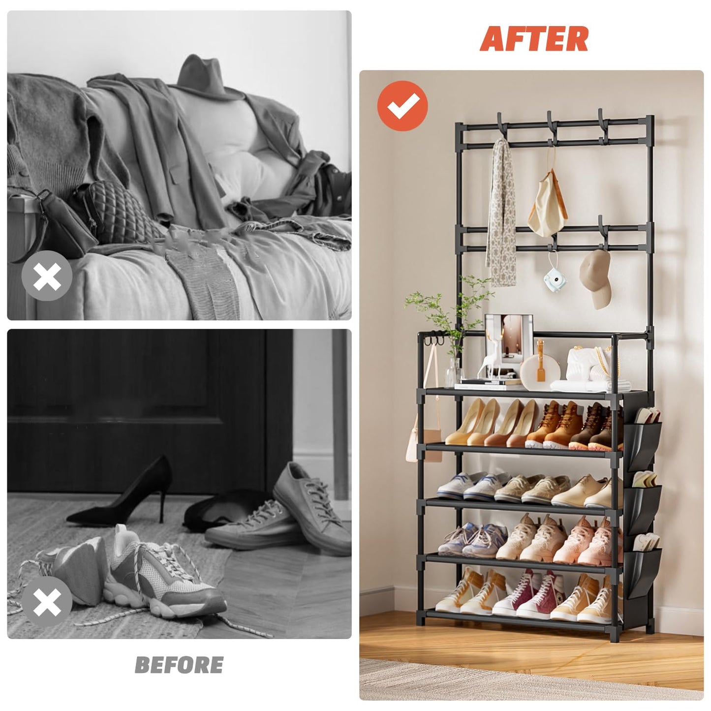Shoe Rack 5 Tier Shoe Organizer Storage 15-20 Pairs Shoes Rack for Closet Entrance Shoe Rack Organizer with Hooks and Side Pocket Entryway Shoe Holder Space Saving Free Standing Shoe Racks