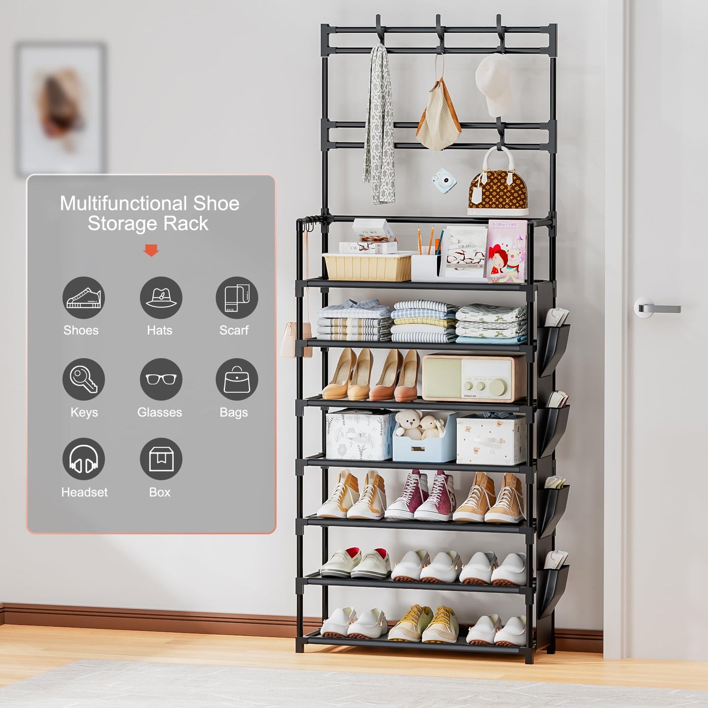 Shoe Rack 7 Tier Shoe Organizer Storage 21-28 Pairs Closet Shoes Rack for Front Door Entrance Shoe Rack Organizer with Hooks Side Pocket Entryway Large Capacity Shoe Shelf Tower Garage