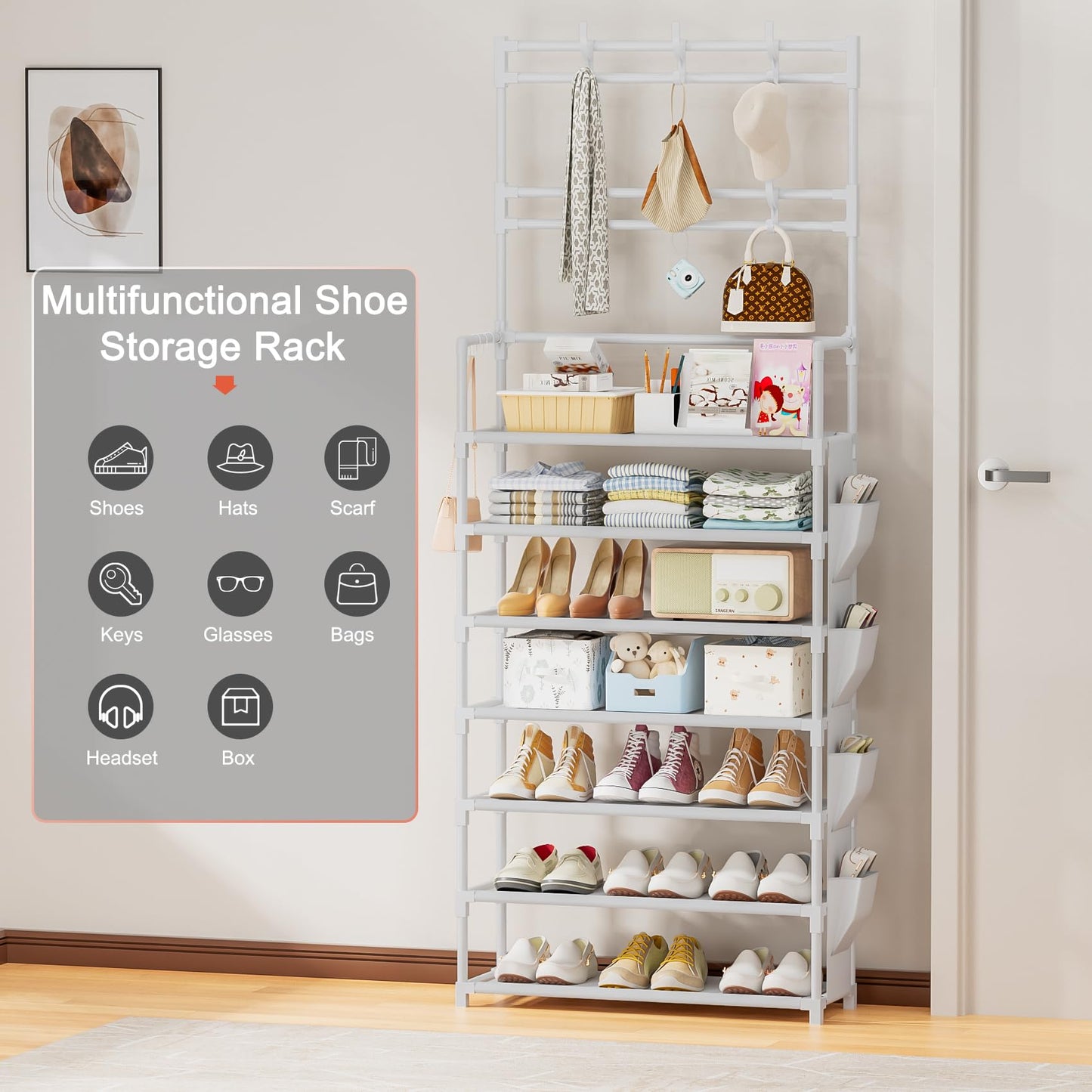 Shoe Rack 7 Tier Shoe Organizer Storage 21-28 Pairs Closet Shoes Rack for Front Door Entrance Shoe Rack Organizer with Hooks Side Pocket Entryway Large Capacity Shoe Shelf Tower Garage