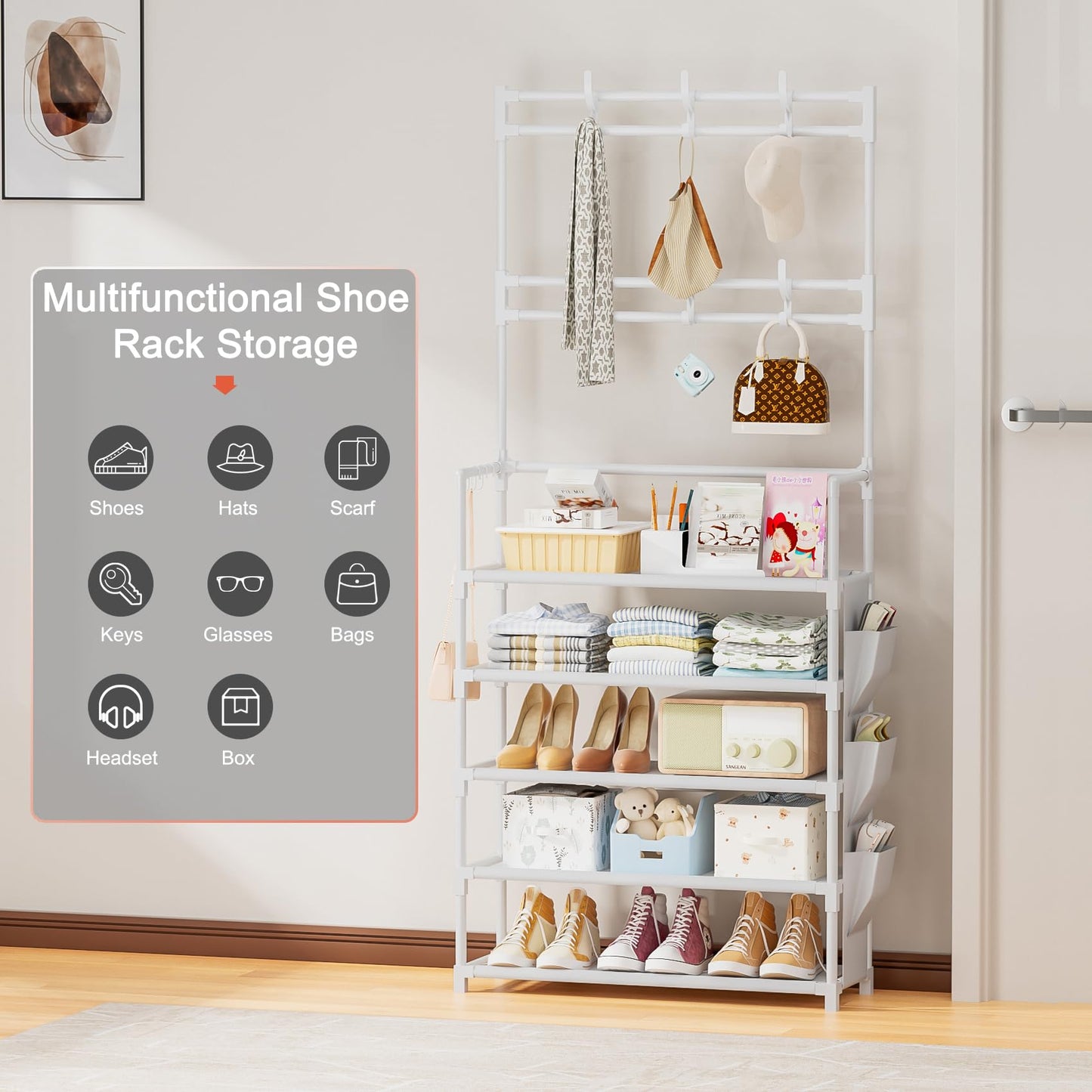 Shoe Rack 5 Tier Shoe Organizer Storage 15-20 Pairs Shoes Rack for Closet Entrance Shoe Rack Organizer with Hooks and Side Pocket Entryway Shoe Holder Space Saving Free Standing Shoe Racks