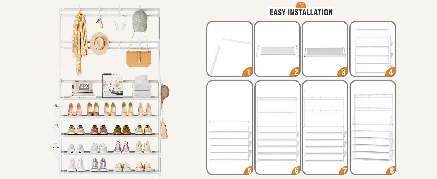 OYREL Shoe Rack 5 Tier Shoe Racks Organizer 20-25 Pairs Shoes Rack for Closet Entrance Shoe Storage Shelf with Hooks and Side Pocket Entryway Shoe Holder Space Saving Free Standing Shoe Racks