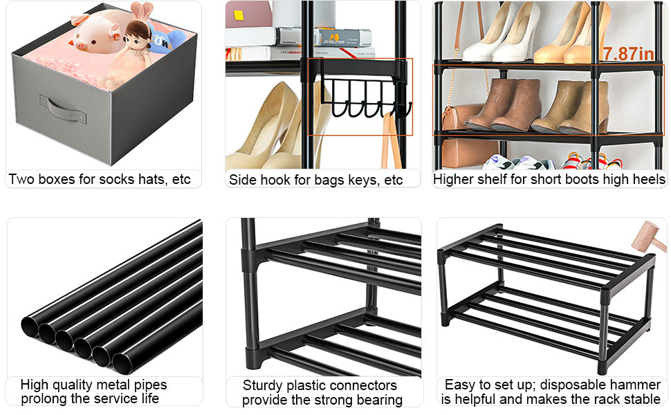 OYREL Sturdy Metal Narrow Shoe Rack Organizer for Closets,Shoe Stand,Shoe Shelf (10 Tier with 2 Boxes and 1 Hook)