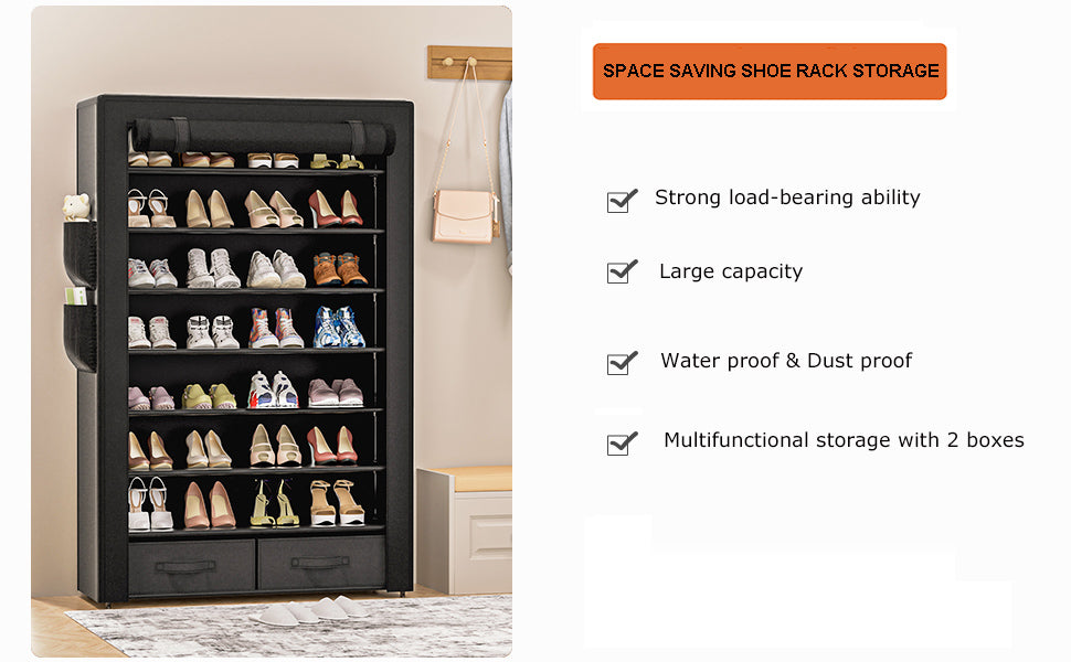 OYREL Shoe Rack Storage Cabinet 32 Pairs Organizer Shelf Tall Zapateras for Shoes Large Free Standing Racks Vertical Black Holder Stand with Cover Two Boxes Closet, 8Tier Long