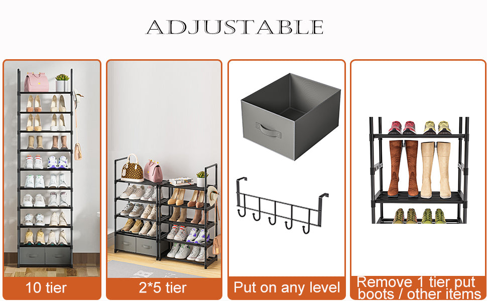 OYREL Sturdy Metal Narrow Shoe Rack Organizer for Closets,Shoe Stand,Shoe Shelf (10 Tier with 2 Boxes and 1 Hook)