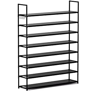 8 Tier Shoe Organizer, 33.3in Wide x 11.2in Deep x 55.7in Tall, Black Metal and Plastic Shoe Rack, Holds up to 32-40 Pairs of Shoes